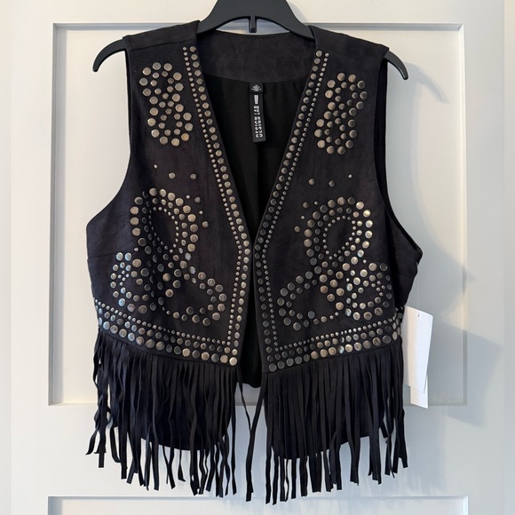 Design Lab Lord & Taylor Jackets & Blazers - Design Lab Black Faux Suede Studded Fringe Vest – Size L